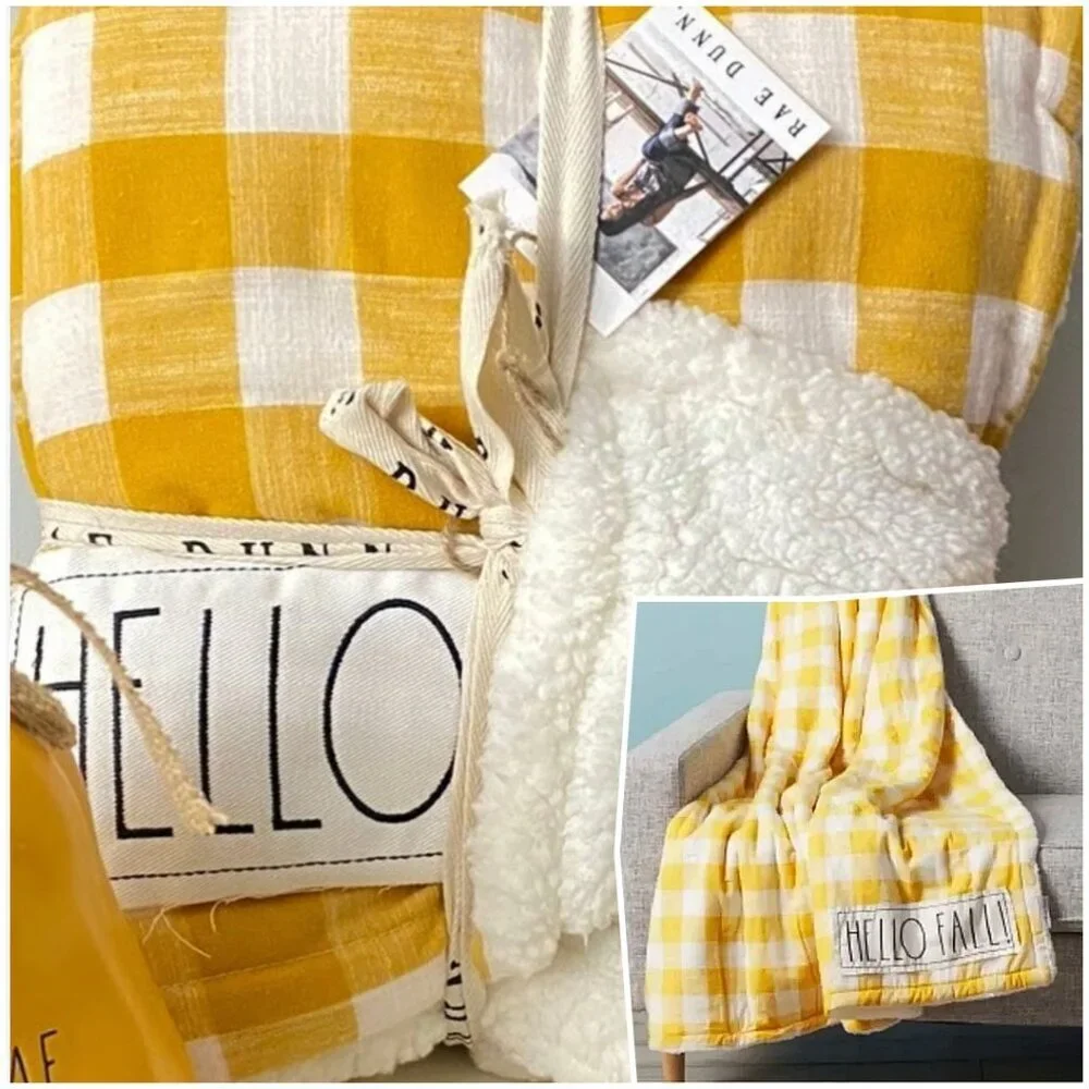 RARE Rae Dunn Hello Fall Gingham Plaid Sherpa Cozy Throw Blanket Yellow White